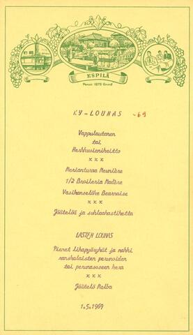 Finskspråkig meny 1.5.1969, Espilä, Helsinki; KY-lounas