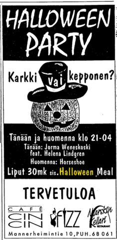 Lehti-ilmoitus, jossa on piirretty koverrettu kurpitsa