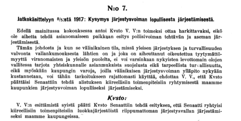 Stadsfullmäktiges förslag till att säkerställa ordningsmakten i Helsingfors, 15.5.1917.
