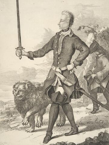 Den unge kung Karl VII avbildad på en koppargravyr från år 1704. Kungen står rak i ryggen med ett svär i höger hand och ett lejon vid sin sida.