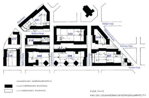 Främre Berghälls saneringsförslag visar planerade kvarter på kartan. 