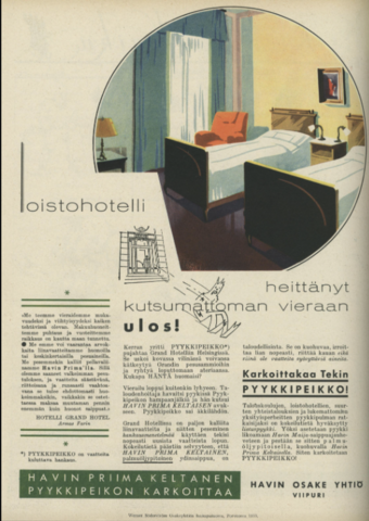 Pyykinpesuainemainos, jossa on piirroskuva hotellihuoneesta