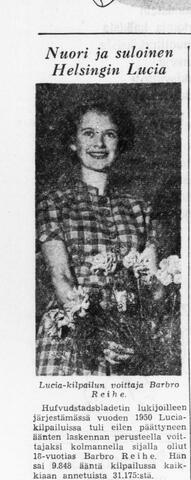 Sanomalehtileike, jossa kuvaillaan Helsingin Luciaa Barbro Reiheä vuonna 1950.