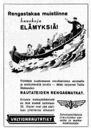 Piirroskuva esittää iloisia ihmisiä veneessä koskessa. Kuvan alapuolella kerrotaan rengasmatkoista.