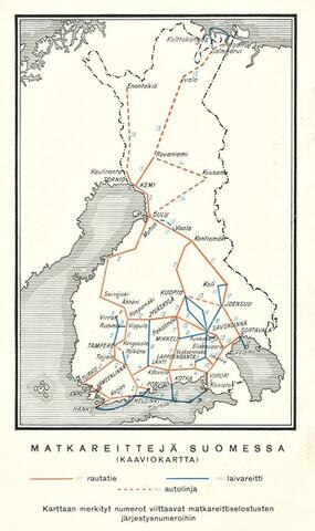 Piirretty yksinkertainen kartta, johon on merkitty rautatiet ja laivareitit Suomessa vuonna 1931.