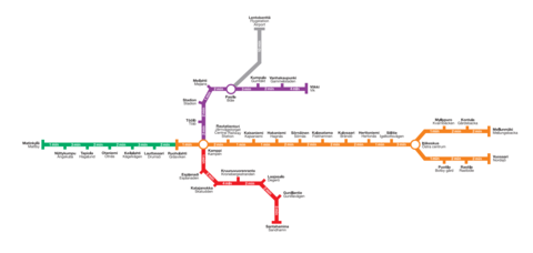 Ehdotus laajennetuksi metrolinjastoksi vuodelta 2004. Kartassa linjasto haarautuisi Kampista pohjoiseen kohti Pasilaa, Viikkiä ja lentoasemaa sekä etelään aina Santahaminaan asti.