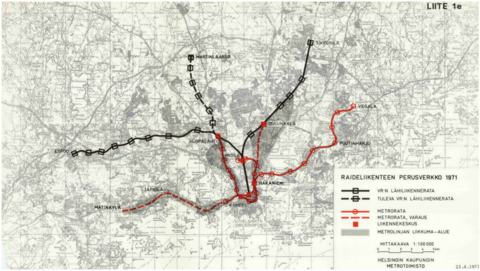 Kartta metrotoimikunnan ehdotuksesta Helsingin raideliikenteen perusverkoksi vuonna 1971. Ehdotuksessa metrorata haarautuisi itä-länsi -akseliltaan myös Huopalahteen ja Oulunkylään.