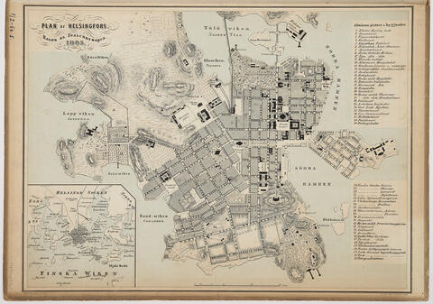 Käsin piirretty kartta, johon on ruotsiksi kirjoitettu tärkeimmät paikat, kuten kirkot, koulut, sairaalat ja kasarmit.