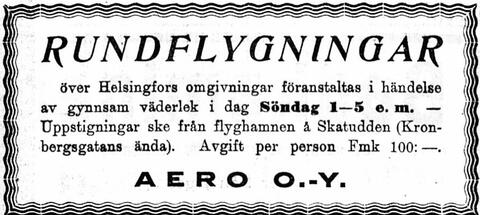 Ruotsinkielinen lehti-ilmoitus mainostaa maisemalentoja Helsingin yllä. Niitä järjestetään sunnuntaisin kello 13–17, mikäli sää sallii. 