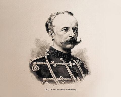 En bystteckning av en man i uniform med stor mustasch.