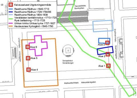 Piirretty karttaa näyttää, missä kohdissa nykyistä Senaatintoria on ollut hautausmaa. 
