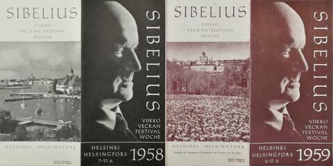 Ohjelmalehtisissä on Sibeliuksen profiilikuva, tapahtuman nimi ja päivämäärät sekä kuvat Helsingistä.