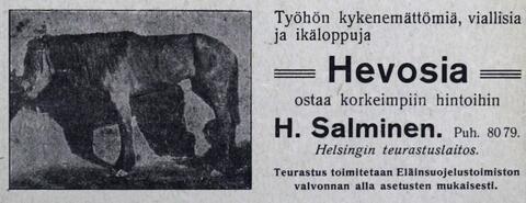 Lehti-ilmoitus, jossa teurastaja haluaa ostaa työhön kykenemättömiä hevosia.