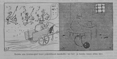 Pilailulehden lyhytsarjakuvan ensimmäisessä ruudussa mies huutaa kasakoille hei, hei ja toisessa kuvassa hän istuu vankisellissä.