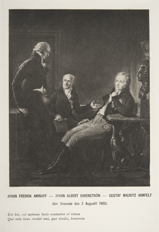 A drawing showing "The Three Gustavians", J. F. Aminoff, J. A. Ehrenström, and G. M. Armfelt, who became Emperor Alexander I's trusted men and the executors of his Finnish policy.