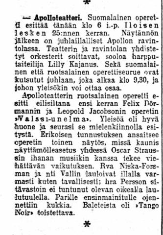 Lyhyt lehtiartikkeli suomalaisesta operetista. 