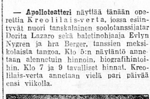 Lehti-ilmoitus teatteriesityksestä.