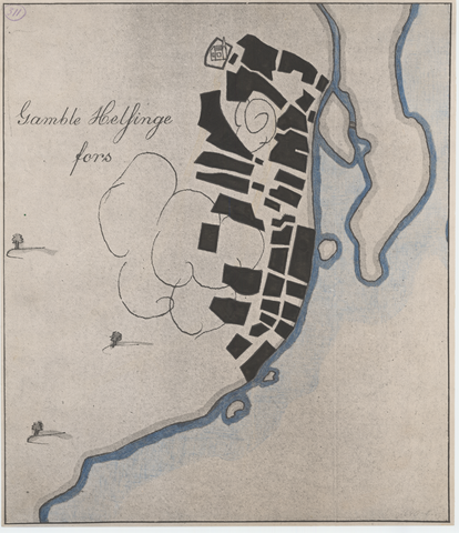 A map of Helsinki showing a few dozen blocks of buildings by the seashore. The church is in the north-west corner of the map.