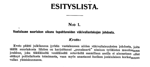 Ote kaupunginvaltuuston pöytäkirjasta, jossa esitetään vastalause suurlakon aikana tapahtuneita väkivaltaisuuksia kohtaan.
