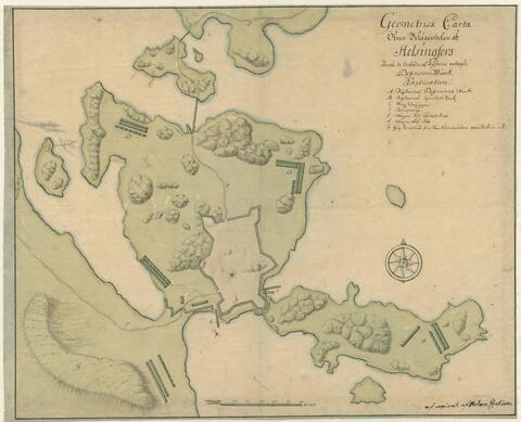 Piirretty kartta, jonka keskellä on linnoitusrakennelma nykyisessä Helsingin ydinkeskustassa.