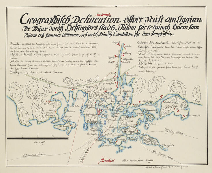 Kuva esittää Helsingin ympäristöä 1650-luvulla. Asutus on tässä vaiheessa hyvin vähäistä ja asemoituu yksittäisiä ryppäinä rannikolle ja jokivarsiin.