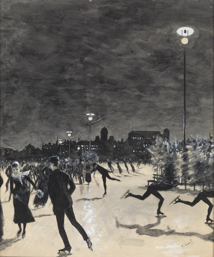 Maalaus, joka kuvaa luistelijoita Pohjoissatamassa. Kaasulyhdyt valaisevat pimeää iltaa.