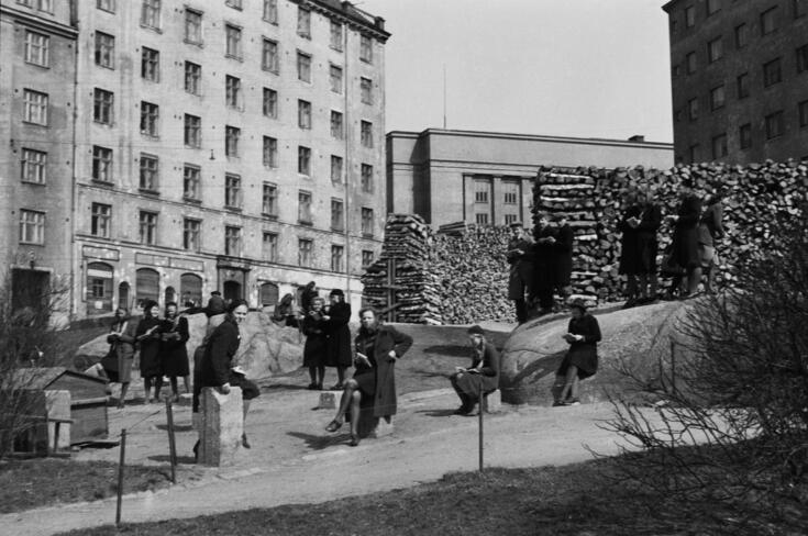 Ryhmä oppilaita piirtää ulkona keväällä tai syksyllä. Osa seisoo kalliolla tai istuu kivellä. Taustalla kohoaa korkeita kivitaloja. Kallioille on pinottu runsaasti korkeita halkopinoja. 