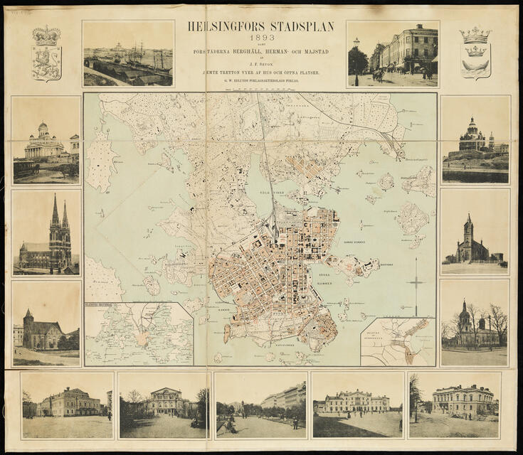 Helsingfors stadskärna och förstäderna Berghäll, Hermans och Majstad samt tretton bilder av byggnader och platser, Helsingfors och Nylands vapen. Kartan är hopvikbar. Bilderna visar Södra hamnen, hörnet av Norra Esplanaden och Unionsgatan, Uspenskij-katedralen, Sankt Henriks kyrka, Heliga Treenighetens kyrka, Gamla Studenthuset, Järnvägsstationen, Runebergsesplanaden, Svenska teatern, Alexanders teaterns (= Operan), Tyska kyrkan, Johannes kyrka och Nikolai kyrka (= Domkyrkan). 