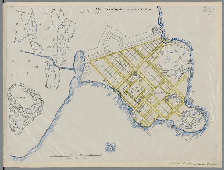Befästningsingenjör Anders Torstenssons oförverkligade stadsplan för Helsingfors i Södernäs från 1638.  Med finns även ritningar för slott och befästningar.