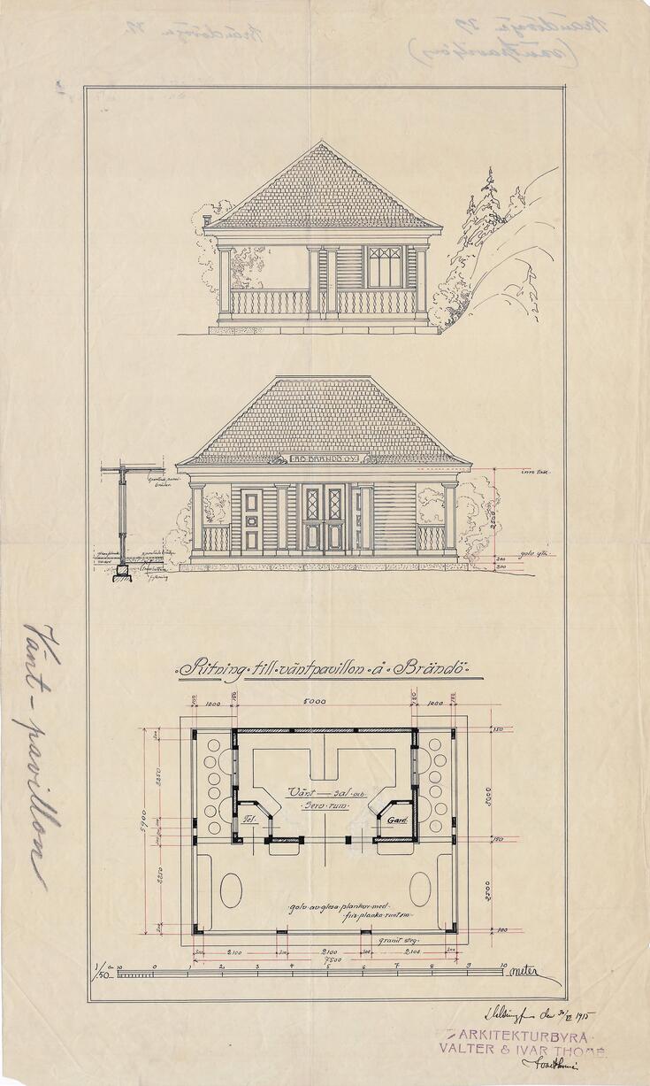 Vänthall för spårvagn, Brändövägen 29, Lars Soncks väg 1, fasad- och planlösning‎ (1915).