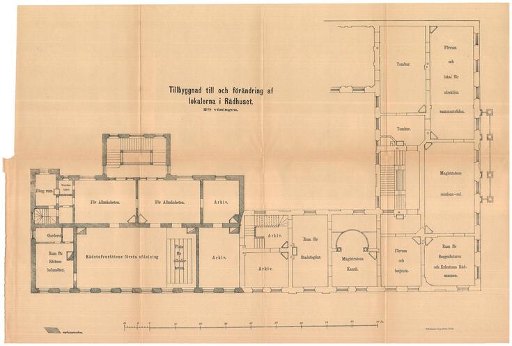 Ritning över rumsfördelningen på en våning i Bockska huset