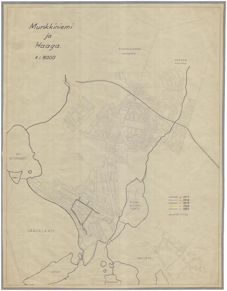 Karttaan on merkitty eri väreillä vesijohtoverkko Munkkiniemessä ja Haagassa vuosina 1917, 1918, 1919, 1920 ja 1922.