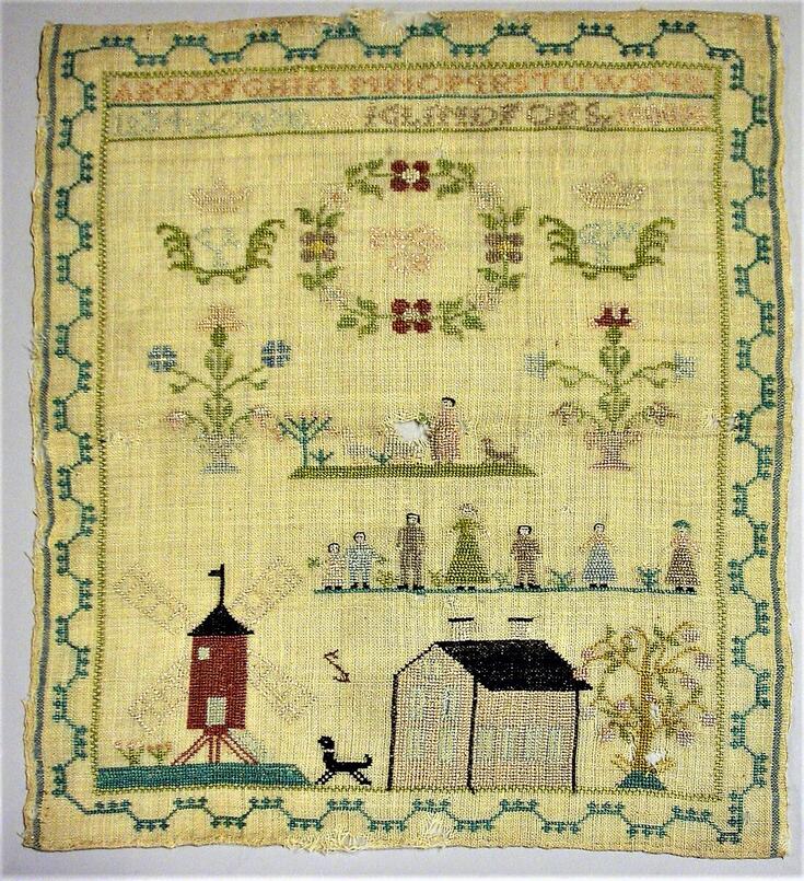 Rektangelformad, ljusbrun duk av gasväv, på vilken mönster har broderats i korsstygn med silkestråd i olika färger.