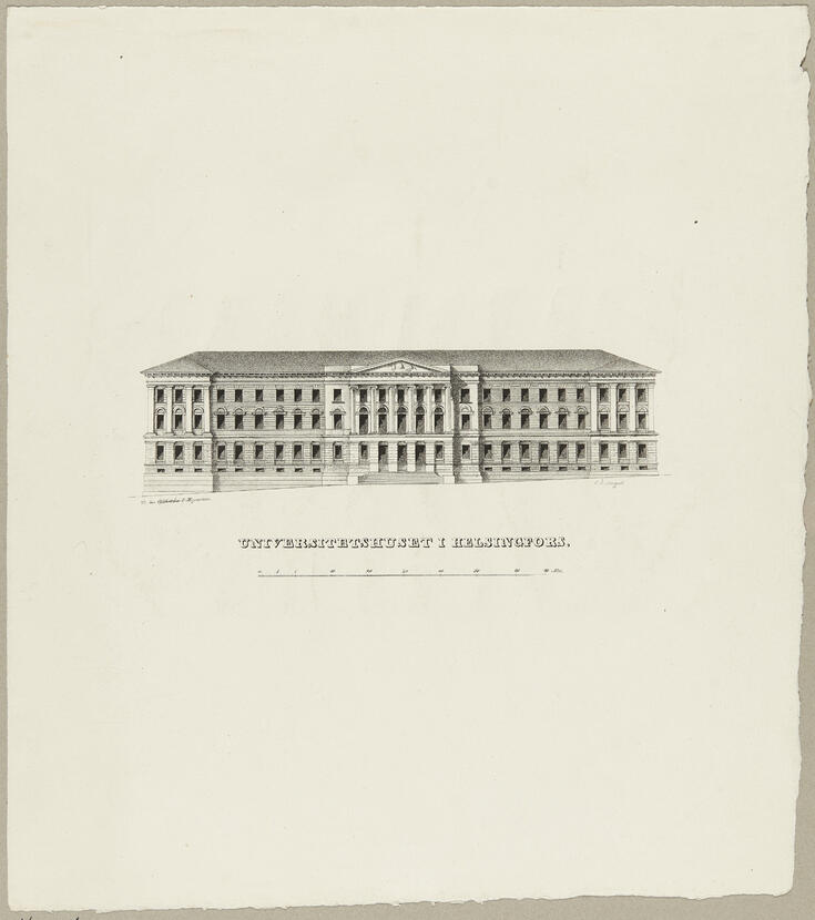 A drawing of the university of Helsinki main building with a Swedish text