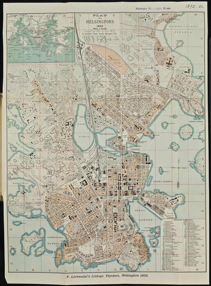 Karta över Helsingfors, där vattencisternen syns i Alphyddan, på den norra sidan av Tölöviken.