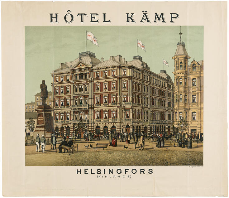 Ett färgstarkt tecknat postkort föreställer hotell Kämp och Runebergsesplanaden med promenerande människor.