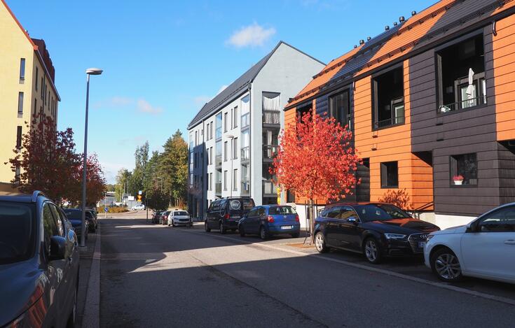 I Alpbyn har man på 2010–20-talet byggt många färggranna hus och även hus i townhouse-stil, vars ytterdörr öppnas direkt mot gatan. Skyddade gårdar finns på den andra sidan. Vy från Ränselgatan västerut mot Tattarmossvägen. Till höger Ränselgatan 4.