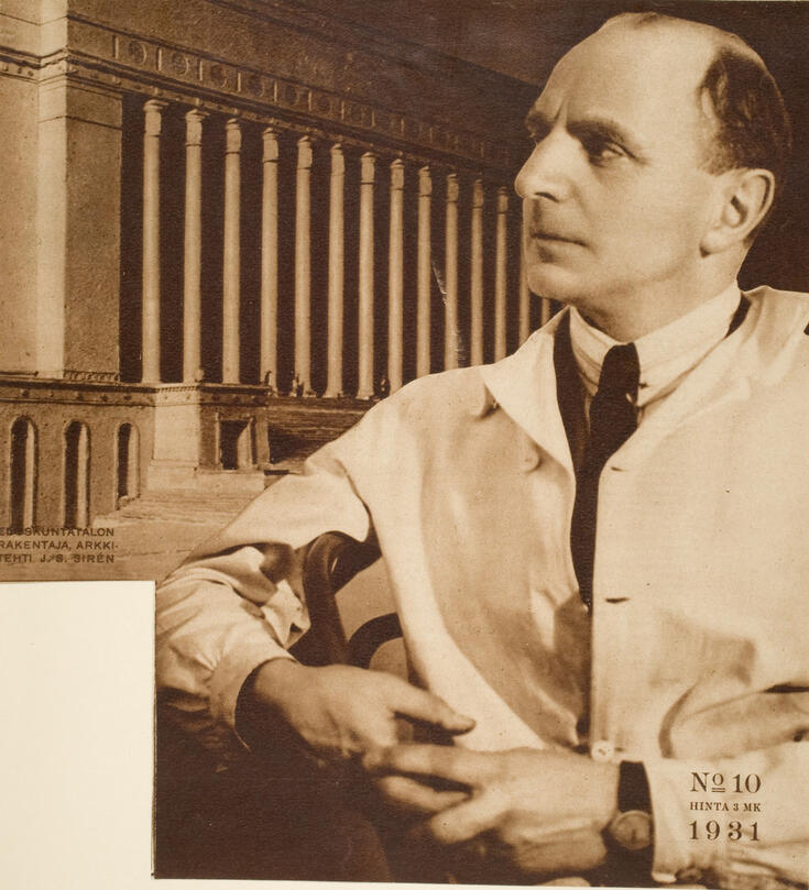 Lehden kannessa on kuvamanipulaatio, jossa arkkitehti Sirén istuu tuolilla valkoisessa työtakissa otsa rypyssä ja katsoo oikealle, jossa näkyy Eduskuntatalo. Kuvan oikeassa alanurkassa kirjoitus: No 10 Hinta 3 mk 1931.