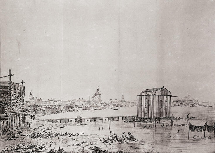 Viivapiirros kaupungista. Etualalla vasemmalla rakenteilla oleva kivirakennus, vasemmalla laiturin päässä oleva kalastusvaja. Edessä kalastajia vetämässä verkkoja maihin.
