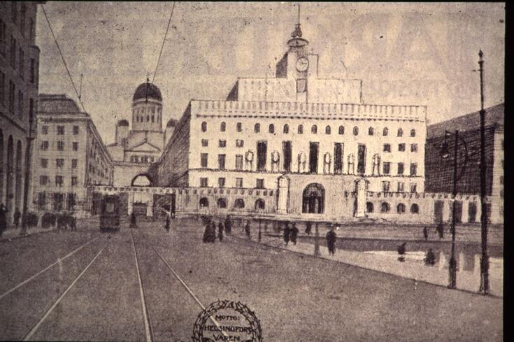 A drawing of the planned city hall as seen from the Market Square. Helsinki Cathedral can be seen in the background.