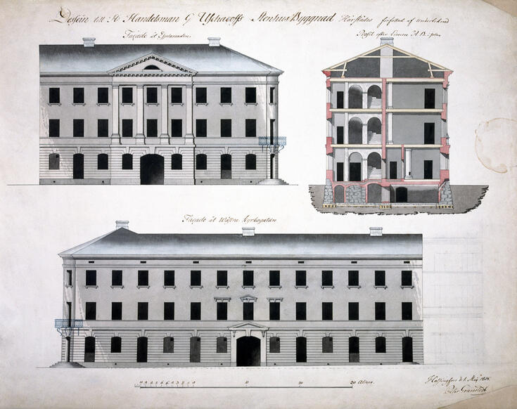 Unioninkatu 28 ja Pohjoisesplanadi 19. Kauppias G. Uschakoffin talo. Julkisivut Pohjoisesplanadille ja Unioninkadulle sekä leikkauspiirros. Teksti: Dessein till Handelsman Uschakoffs StenHus Byggnad i Helsingfors författad af underteknad. Julkisivu Pohjoisesplanadille: Facade åt Esplanaden. Julkisivu Läntiselle kirkkokadulle (nyk. Unioninkatu): Facade åt Wästra Kyrkogatan. Leikkauspiirros: Profil efter Linien AB:plan. Oikeassa alakulmassa tekijän nimimerkintä ja päiväys Helsingfors d. 1. Maj 1815.