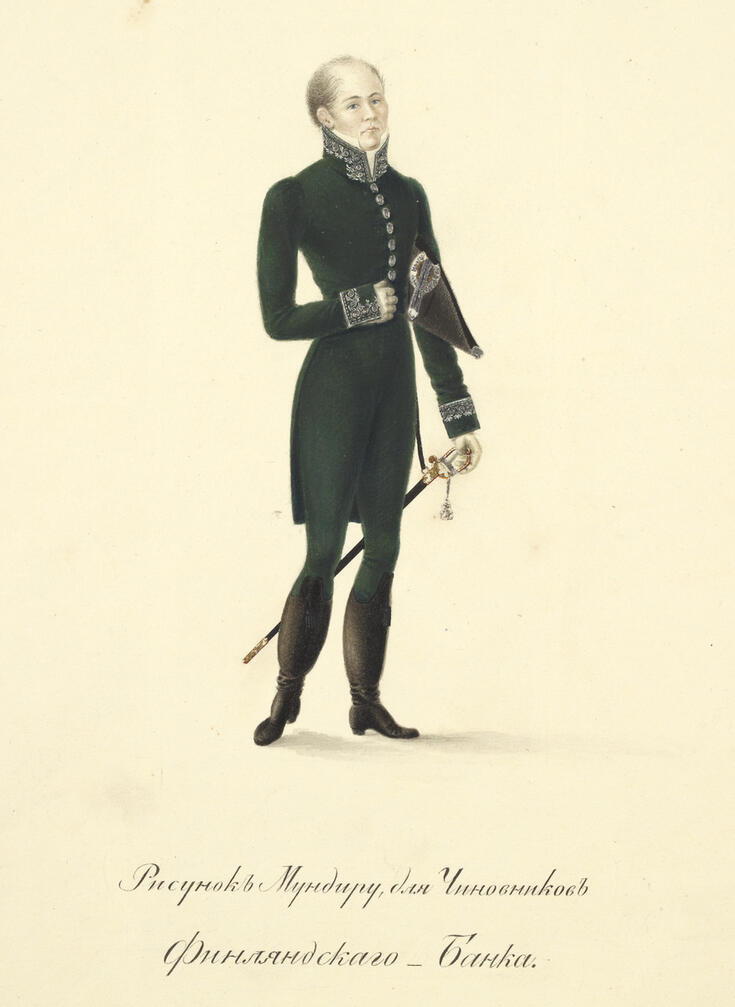 Piirroskuvassa on mies, jolla on tummanvihreä takki, jossa hopeakoristelua; musta hattu, jossa hopeasta ja kullasta valmistettu kokardi; kullalla kirjailtu miekka; mustat saappaat, joissa tupsut edessä.