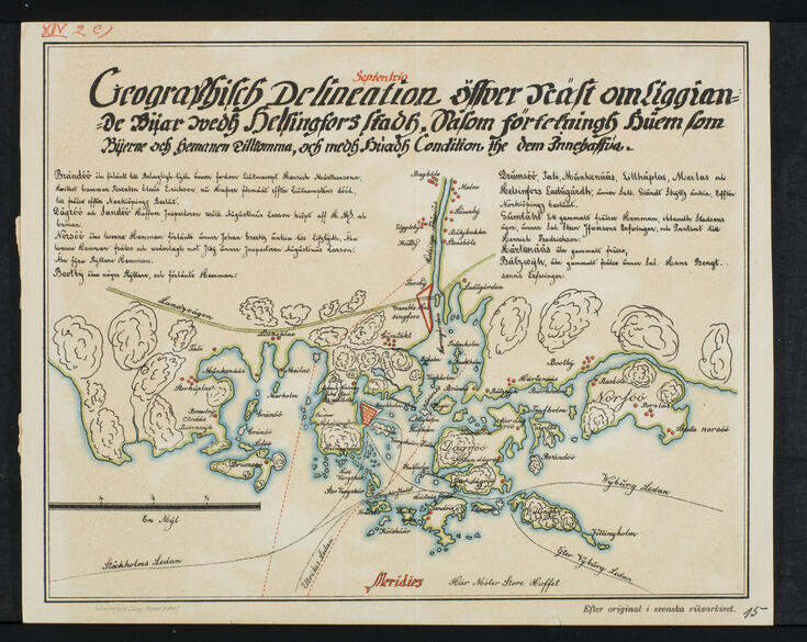 Piirretty, ruotsinkielisin selityksin varustettu kartta Helsingistä lähikylineen vuonna 1650.