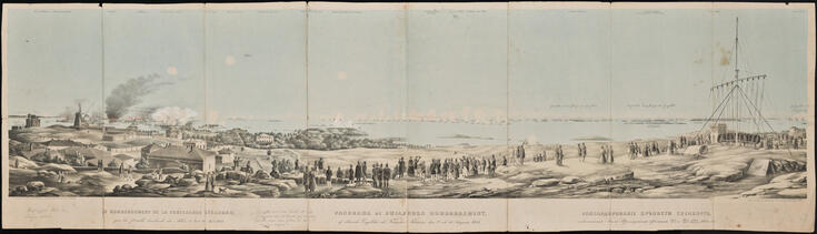 Panoramabild av Helsingfors. Människor står på en klippa och tittar ut över havet.