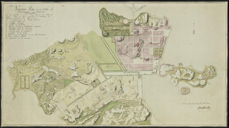J.A. Ehrenströmin asemakaavasuunnitelma vuodelta 1815. Viheralueeksi merkityn Kluuvinlahden paikalla on puuistutusten reunustama kanava. Kaavassa myös paloturvallisuutta edistävät julkiset puistot ja leveät puistokadut sekä pihojen puuistutukset.