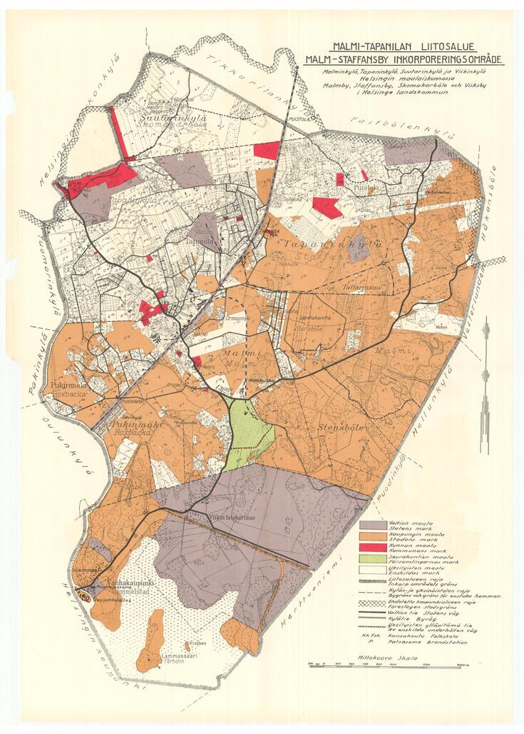 En detaljerad karta över området Malm-Staffansby där olika markägare skiljts åt med olika färger. 