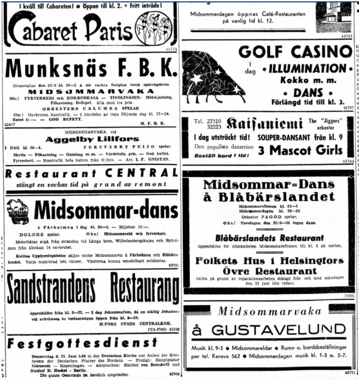 Annonser om olika nöjen i Helsingfors på midsommaren 