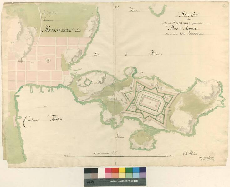 Ritningen föreställer en stjärnformad fästning uppifrån och dess placering på Skatudden.