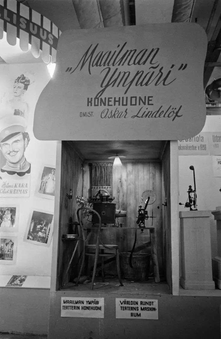 Mässhallen (=Tölö sporthall), Filmmässa. Maskinrum från biografen Världen Rundt som fungerade på Mikaelsgatan 5 mellan åren 1904 och 1915 Ägaren hette Oskar Lindelöf.