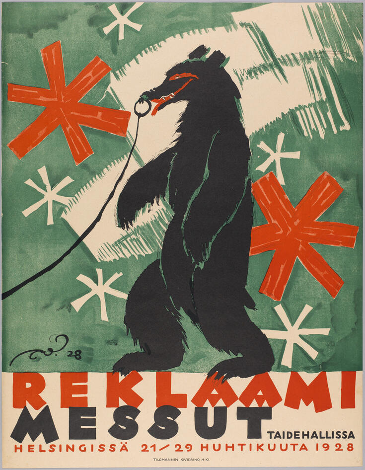 Messujuliste, jossa vihreää taustaa vasten kuvattuna kahdella jalalla kävelevä karhu, jonka nenässä on rengas, johon on kiinnitetty talutushihna. Karhua ollaan taluttamassa vasemmalla. Vihreässä taustassa on valkoisia ja punaisia tyyliteltyjä tähtiä.